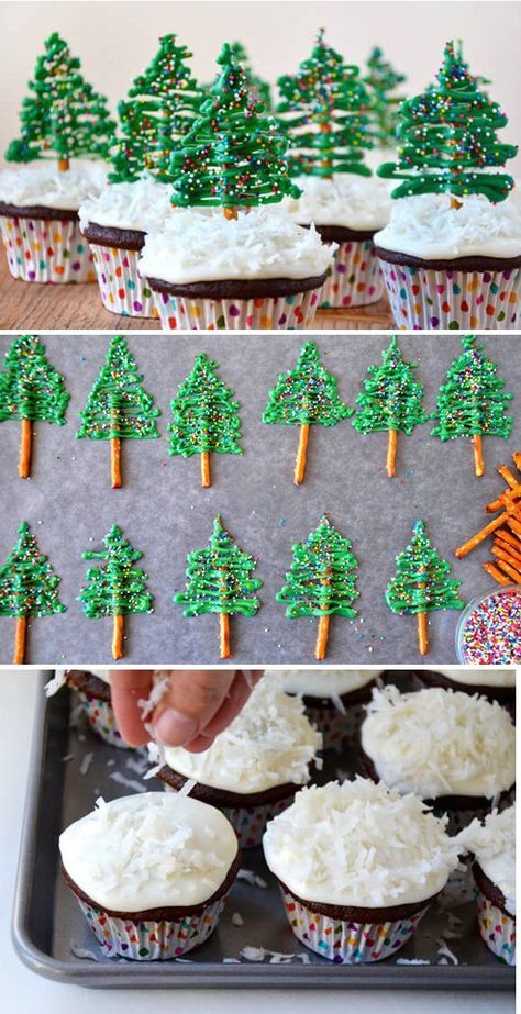 Christmas tree cupcakes. Decorate your simple chocolate cupcakes into cute little Christmas trees with help from pretzels, icing and colorful sprinkles. Tree Cupcakes, Kek Lapis, Christmas Tree Cupcakes, Christmas Sweets, Xmas Food, Christmas Cupcakes, Christmas Snacks, Christmas Cooking, Christmas Goodies