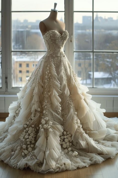 Princess Wedding Gown Fairytale, Spring Wedding Dress Bride, Regal Wedding Dresses, Wedding Dresses With Flowers Detail, Enchanting Wedding Dress, Ethereal Wedding Dress Romantic, A Line Ruffle Wedding Dress, Wedding Dresses Extravagant, Bridgerton Wedding Dress