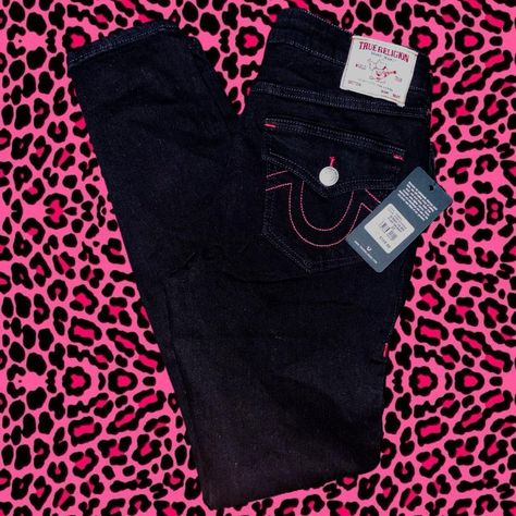 ❦ True Religion black jeans with pink stitching  ❦... - Depop Pink True Religion Jeans, Jeans Outfit Baddie, Red True Religion Jeans, True Religion Jeans Outfit, Pink True Religion, Jeans Outfit, True Religion Jeans, True Religion, Jean Outfits