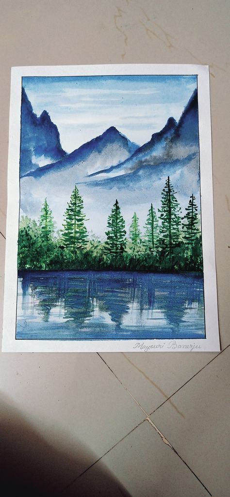 Mountains Scenery Drawing, Colourful Scenery Painting, Color Pencil Art Landscape Easy, Water Colour Sketches Drawings, Water Colour Senary, Scenery Drawing With Colour Pencil, Water Colour Drawing Scenery, Water Colour Scenery Easy, Water Colour Senary Painting