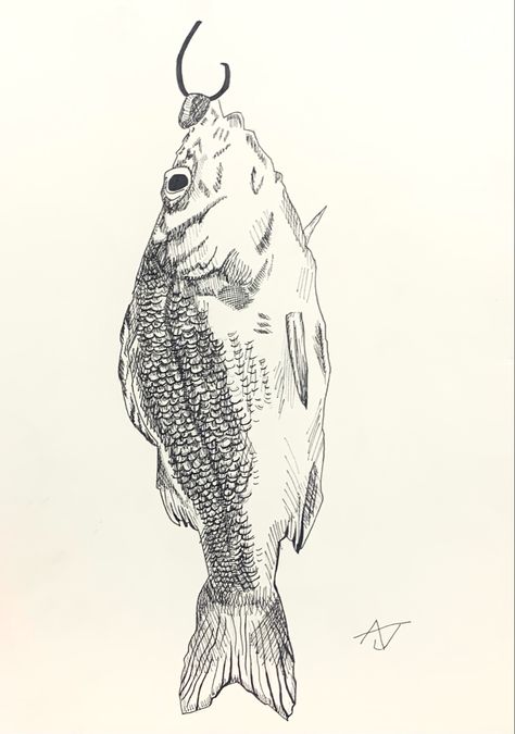 Fish Biro Drawing, Cool Drawing Patterns, Fish On Hook Drawing, Fishhook Drawing, Ink Fish Drawing, Pen Fish Drawing, Cool Fish Drawings, Fish Hook Illustration, Cod Fish Drawing