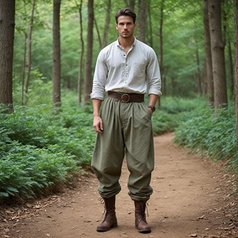 These medieval pants for men are olive green, loose, and gathered from the ankles to enhance comfort in historical authenticity. These loose trousers are perfect for looking aesthetically pleasing at LARP events or Renaissance fairs and historical reenactments that span both the Viking and Renaissance periods. Looseness in the trousers and gathered ankles make it comfortable to walk in while their rich color brings in a rugged touch to the elegance of olive. Crafted from strong material, these p Male Larp Costume, Ren Fair Men Outfits, Medieval Clothing Men Noble, Medieval Casual Clothes, Medival Outfits Man, Victorian Man Clothes, Hobbitcore Outfits Men, Viking Fashion Men, Boho Wedding Outfit Men