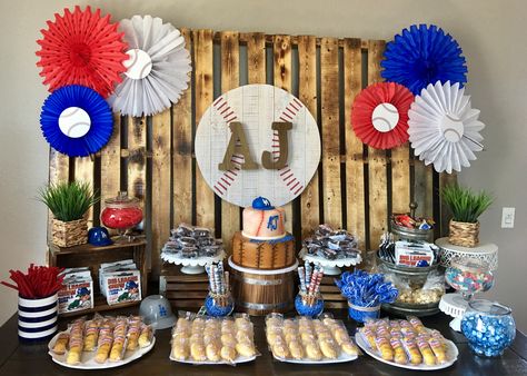 Dodger Party Dessert table Rookie Of The Year First Birthday Dessert Table, Rookie Year Dessert Table, Baseball Party Dessert Ideas, Baseball Party Dessert Table, Baseball Theme Dessert Table, Rookie Of The Year Dessert Table, Dodgers Birthday Party Ideas, Baseball Party Desserts, Baseball Dessert Table