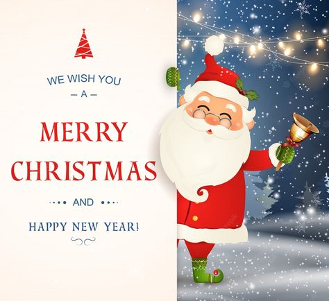 Premium Vector | We wish you a merry christmas. happy new year. santa claus character with big signboard. merry santa clause with jingle bell. holiday greeting card with christmas snow. isolated illustration. Wish You Merry Christmas, Merry Christmas Eve, Happy New Year Cards, Happy New Year Greetings, Life Partner, New Year Greeting Cards, Merry Christmas Everyone, Christmas Invitations, Christmas Characters