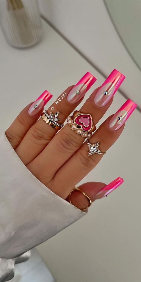 hot pink nails, bright pink nails, hot pink french tips, hot pink french manicure, hot pink nail designs, vibrant pink nails, hot pink nails colour Pink Chrome French, Hot Pink Chrome, Chrome French Tips, Nails For 2023, Pink French Manicure, Chrome French, Bright Pink Nails, Pink French Nails, Cloud Rainbow