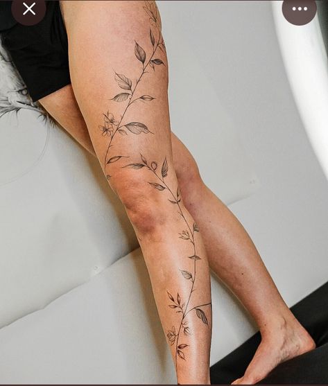 Up The Leg Tattoos, Poison Ivy Leg Tattoo, Line Work Leg Tattoos Women, Simple Full Leg Tattoo Female, Leg Leaf Wrap Tattoo, Leg And Ankle Tattoos For Women, Leafy Vine Leg Tattoo, Vine Leg Tattoo Men, Vine Going Up Leg Tattoo