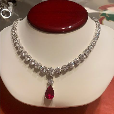 Silver Necklace With White Cz Stones And It Is Changeable You Can Remove The Red Stone Like Shown In The Picture Gold Necklace With Ruby Stone, Red Silver Necklace, Ruby Jewelry Silver, Red Diamond Necklace, Royalty Accessories, White Necklace Jewelry, Wedding Core, Red Necklaces, Red Jewellery