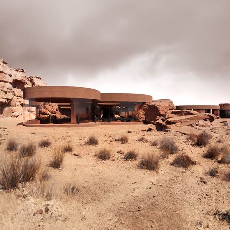 Unique Hotel in AlUla: A Fusion of Nature and Modernity by Kuoo Tamizo Architects.Where the desert meets modernity, our Dune Hotel in AlUla stands tall. The distinctive red color scheme of the property harmoniously blends with the iconic red rocks of the surrounding desert. #amazingarchitecture #Visualization Karoo House, Saudi Desert, Desert Spa, Alula Saudi Arabia, Desert Interior, Alula Saudi, Desert Hotel, Desert Architecture, Dune Landscape