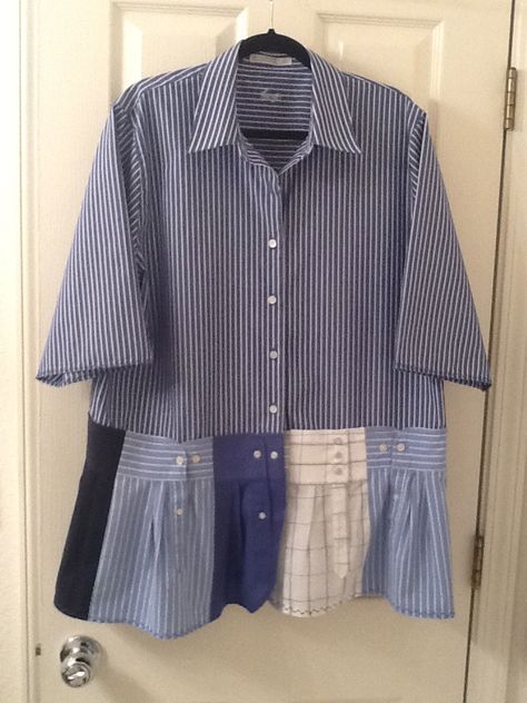 Big kudos to Gayle Ortiz for inspiring me to make (recycle) this shirt from thrift store finds. Love it! Recycled Mens Shirt, Ropa Upcycling, Recycled Shirts, Mens Shirt Refashion, Cut Up Shirts, Skirt Inspiration, Patchwork Clothes, Big G, Omega Watches