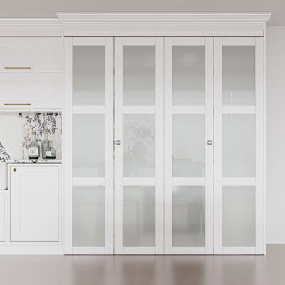 This awesome bi-fold closet door is based on an elegant euro design with 3 lite tempered frosted glass. It will shine in your closet, entryway, bedroom, or storage area. These doors fold into each other when opened to provide 91%+ access to your closets without taking up space within your room. Of course, our glass allows the sunlight to enter while protecting your privacy. Size: 72“ x 80” | Closet Door - ARK DESIGN Bifold Closet Doors Glass w / Installation Hardware Kit Glass in Green | 80 H x Decorative Closet Doors, Frosted Glass Door Design, Modern Bifold Closet Doors, Frosted Glass Cabinet Doors, Closet Door Designs, Home Depot Closet, Interior Closet Doors, Bookshelf Door, Bedroom Closet Doors