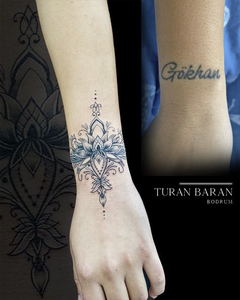 bodrum tatoo dövme piercing coverup tattoo lotus flower Word Coverup Tattoo, Lotus Flower Cover Up Tattoo, Word Tattoo Cover Up Ideas, Name Coverup Tattoo, Word Cover Up Tattoo, Lotus Tattoo Wrist, Cover Up Name Tattoos, Tattoo Lotus Flower, Boyfriend Name Tattoos