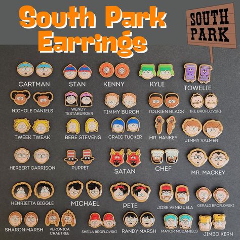 South Park Character Earrings.  These earrings are super tiny and light weight and lots of love and attention go into the painting of these earrings, with over 7 hours of painting alone for the full set of 31 pairs.  We offer one earring, but please enter the name of the character in personalization or one pair will be chosen at random.   The if you choose the 6-earring option and do not specify names, they will be chosen at random as well.  And the Full - 31 pairs is for all earrings in the pho South Park Earrings, South Park Jewelry, South Park Random, Character Earrings, Atlantis The Lost Empire, Kenny South Park, South Park Memes, Adorable Homes Game, South Park Characters