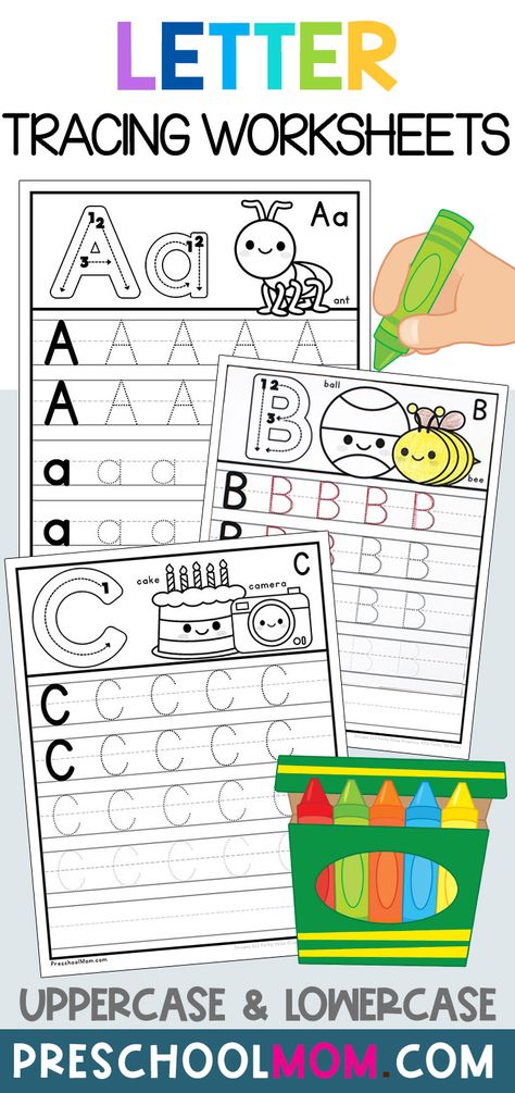 Free letter tracing worksheets for preschool, early elementary, and homeschool students! Practice letter formation and improve handwriting skills with these fun tracing pages! #letters #alphabet #tracingworksheets #preschoolprintables #traceandwrite #coloring #alphabettracing Alphabet Printing Practice Sheets, Free Letter Practice Printables, Letter A Tracing Worksheets For Preschool, A Tracing Worksheets Preschool, Uppercase Letter Worksheets For Preschool, Alphabet Letter Tracing Worksheets, Alphabet Letter Writing Practice, Trace Abc Printable Worksheets, Handwriting Strokes To Practice The Alphabet