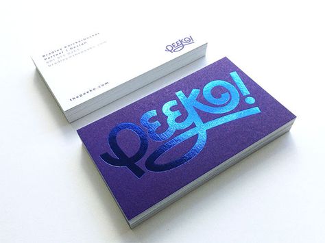 Peeko Business Cards by Bradley Knickerbocker Foil Business Cards, Qr Code Business Card, Name Card Design, Hot Foil Stamping, Blue Foil, Business Cards Creative, Packaging Design Inspiration, Foil Stamping, Card Inspiration