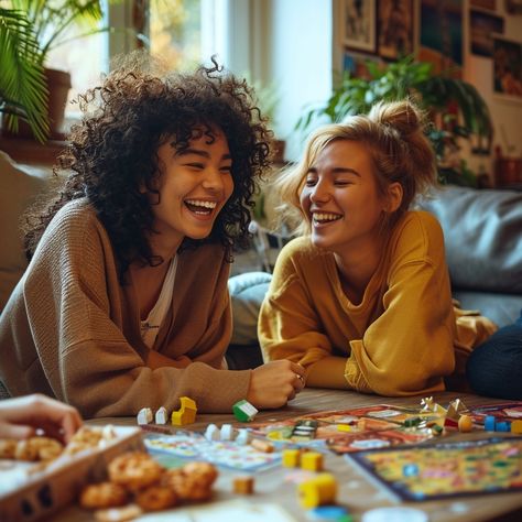 Joyful Boardgame Play: Two friends share a joyful moment playing a board game in a cozy living room setting. #friends #laughter #boardgame #cozy #living room #aiart #aiphoto #stockcake ⬇️ Download and 📝 Prompt 👉 https://ayr.app/l/4XWi Board Games Photoshoot, Boardgame Photoshoot, Game Night Photoshoot, Board Game Photoshoot, Gaming Editorial, People Playing Board Games, Board Games With Friends, Joy Game, Netflix Games