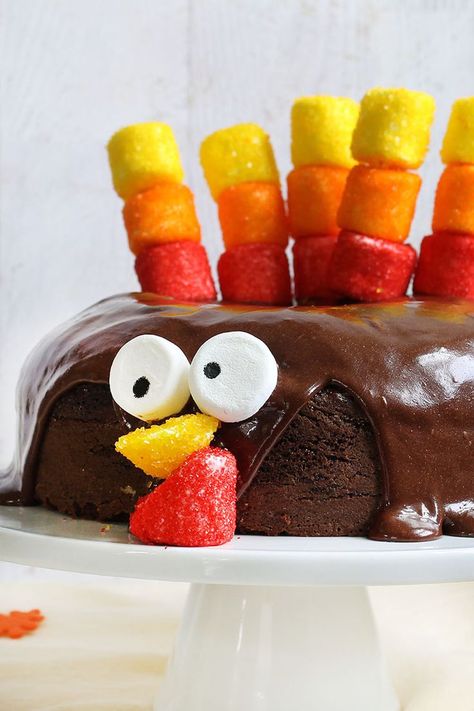 Marshmallows and sprinkles turn a chocolate cake into a turkey. This EASY CHOCOLATE turkey cake is a fun Thanksgiving dessert idea. Chocolate Turkey, Turkey Cake, Chocolate Dipped Marshmallows, Fun Thanksgiving Desserts, Angel Food Cake Pan, Thanksgiving Desserts Easy, Thanksgiving Cakes, Easy Turkey, Thanksgiving Treats