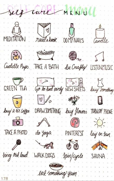 My Self Care Menu for my Bullet Journal Self Care Menu, Notesbog Design, Rutinitas Harian, Studie Hacks, Self Care Bullet Journal, Vie Motivation, My Self, Care Quotes, Self Care Activities