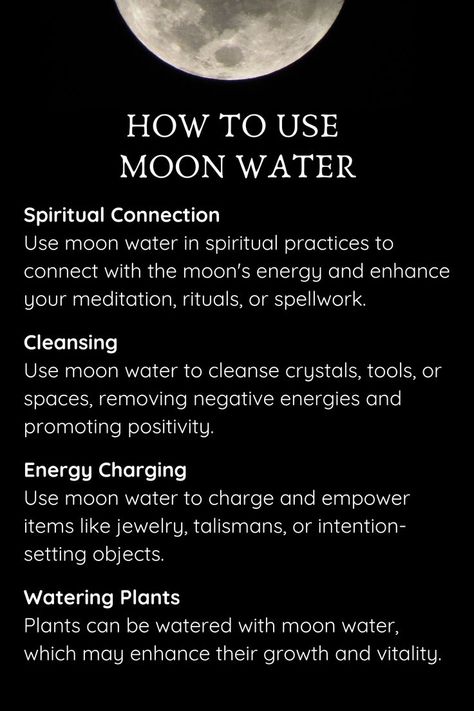 how to use moon water Moon Water Properties, Waning Moon Water, What Does Moon Water Do, Ways To Use Moon Water, Super Moon Water, Drinking Moon Water Benefits, Uses For Moon Water, Full Moon Water Uses, What To Do With Moon Water