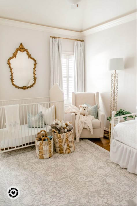 White Iron Crib Nursery, Daybed And Nursery Combo, Guest Room White Bedding, Rugs On Carpet Nursery, Nursery With Full Size Bed, White Metal Crib Nursery, Nursery Room With Daybed, Nursery With Twin Bed And Crib, Small Nursery With Guest Bed