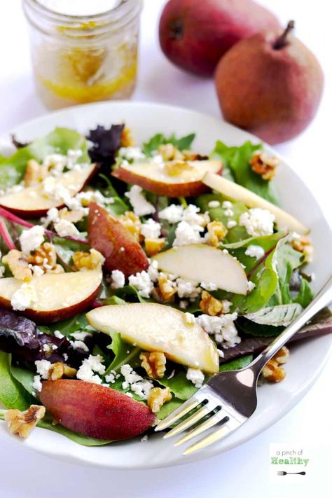 Pear, Goat Cheese and Walnut Salad with Maple Vinaigrette | APinchOfHealthy.com Pear Goat Cheese Salad, Pear And Walnut Salad, Pear Goat Cheese, Salad With Maple Vinaigrette, Walnut Salad Recipe, Pear Walnut Salad, Pear Salad Recipes, Maple Vinaigrette, Goat Cheese Recipes