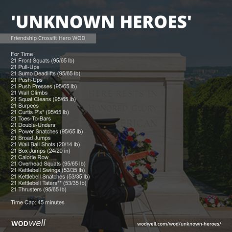 "Unknown Heroes" Workout, Friendship Crossfit Hero WOD | WODwell Hero Wods Workouts, Hero Crossfit Workouts, Labor Day Wod Crossfit, Hero Workouts Crossfit, Leg Wod Crossfit, Hero Wod Crossfit Workout, Crossfit Leg Workout, Station Workouts, Crossfit Legs