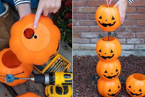 Make a light up Halloween pumpkin totem from plastic trick-or-treat pumpkin pails and a witches had. Cheap Diy Halloween, Labu Halloween, Cheap Halloween Diy, Diy Halloween Crafts, Craft Pumpkins, Pumpkin Pail, Dekorasi Halloween, Kerajinan Diy, Light Up Pumpkins