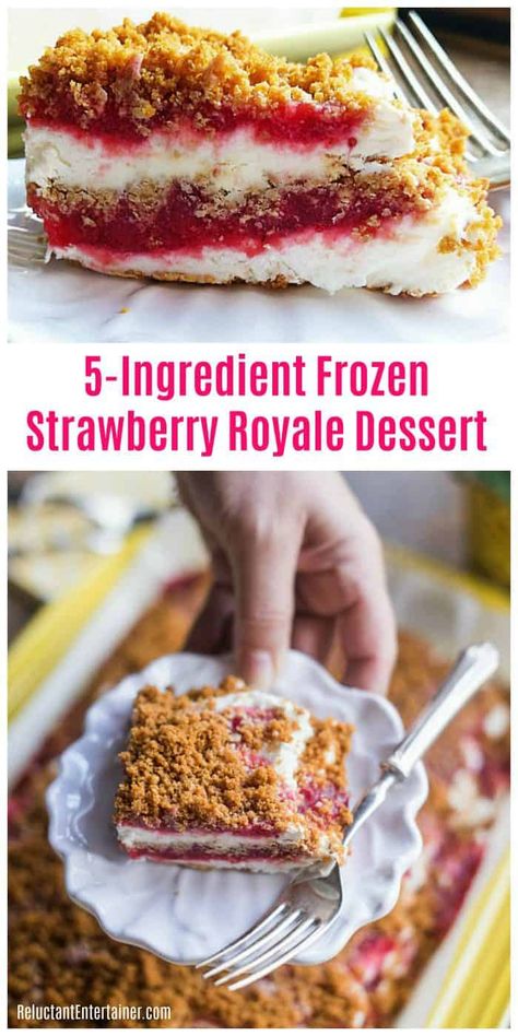 5-Ingredient Frozen Strawberry Royale Dessert is a frozen strawberry dessert made with fresh or frozen strawberries, graham cracker crust, and whipped cream. #5ingredients #strawberries #frozendessert Frozen Strawberry Desserts, Frozen Strawberry Recipes, Easy Strawberry Desserts, Biscuits Graham, Frozen Strawberry, Frozen Dessert Recipe, Strawberry Dessert, Crunch Cake, Dessert Aux Fruits