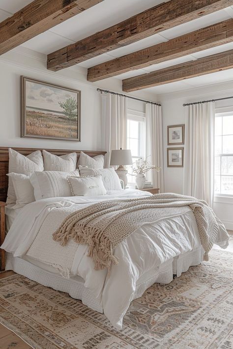 Bedroom With Wooden Beams, Neutral Bedroom Master, Neutral House Ideas, Curtains White Bedroom, Grown Up Bedroom Ideas, Neutral Bedroom Colors, Tan Bedroom, Boho Master, Pearl House