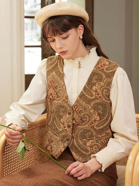 Vintage Vest Outfit, Khaki Clothes, Ineffable Wives, Retro Aesthetic Outfit, 60s Clothes, Vintage Vests, Waistcoat Outfit, Luxurious Wallpaper, V Neck Vest