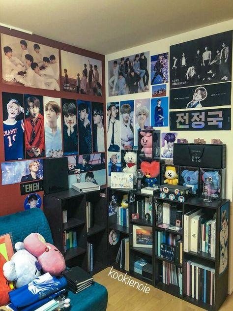 #BTS merch 🍑 Army Bedroom, Bts Room, Army Room Decor, Kpop Room, Room Fan, Army Room, Dekorasi Kamar Tidur, Room Goals, Aesthetic Rooms