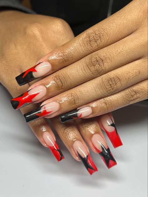 Red And Black Nails Acrylic Emo, Goth Birthday Nails, Nails Inspiration Red And Black, Black And Red Acrylic Nails Ideas, Danganronpa Nails, Simple Red And Black Nails, Y2k Red Nails, Rockstar Nails Acrylic, Black White And Red Nails