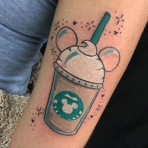 Disneyland tattoo by Joie Sunshine. #disney #disneyland #castle #waltdisney #coffee #frappucino Disney Inspired Tattoos, Mickey Tattoo, Disney Sleeve, Dragon Tattoo For Women, Coffee Tattoos, Marvel Tattoos, Disney Tattoo, Cartoon Tattoos, Dream Tattoos