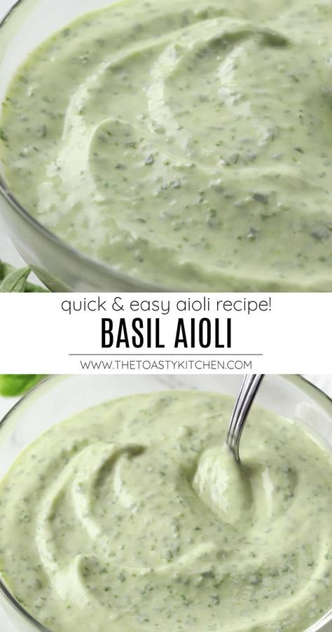 Basil aioli recipe by The Toasty Kitchen. Basil aioli is made with fresh basil, garlic, and lemon juice - bright, flavorful, and perfect for summer! It makes a great spread for sandwiches and burgers, or dipping sauce for fries. #basil #basilaioli #aioli #quickaioli #summeraioli #summerdips #summerspreads #freshbasil #dips #recipe Basil Sauce For Chicken, Lemon Basil Aioli, Italian Dipping Sauce, Aioli Sauce Recipe For Burgers, Baking With Basil, What To Do With Fresh Basil, Fresh Basil Ideas, Recipes Using Fresh Basil, What To Do With Basil