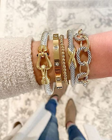 David Yurman Bracelet Stack With Apple Watch, Bracelet Stack Ideas With Apple Watch, Bracelet Stack Ideas Gold, Stacked Bracelets With Watch, Bracelet Stack With Apple Watch, Mixed Metal Bracelet Stack, Apple Watch Bracelet Stack, Designer Bracelet Stack, Watch And Bracelet Stack