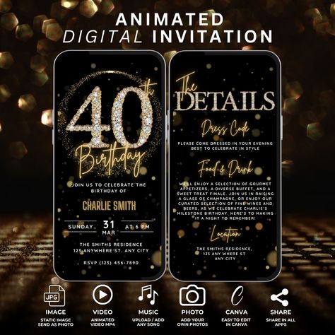 Digital 40th Birthday Invitation for Women, Animated Forty Invite for Men, Black & Gold Diamond Surprise Party Whatsapp Electronic Evite by WhimsicalThingsInc on Etsy 40th Birthday Invites, Wedding Anniversary Party Invitations, Anniversary Party Invitations, 40 Birthday, Sms Text Message, 50th Birthday Invitations, Golden Anniversary, Digital Invite, Wedding Anniversary Party