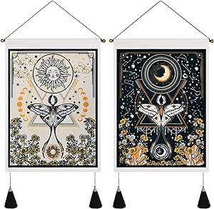 Lyacmy Pack of 2 Tapestry Sun and Moon Tapestry Moth Tapestries Yelllow and Orange Tapestry Flower Vine Tapestry Wall Hanging for Room (13.8 x 19.7 inches) Tapestry Flower, Moth Illustration, Sun And Moon Tapestry, Small Tapestry, Star Tapestry, Moon Moth, Flower Tapestry, Moon Tapestry, Room Color Schemes