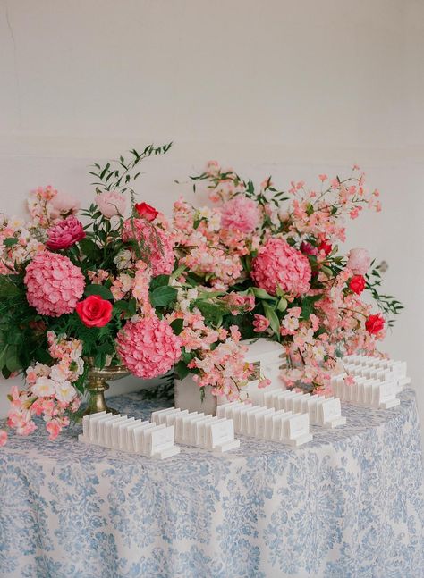 Chinoiserie Inspired Wedding, Pops Of Pink Wedding, Pink And Blue Spring Wedding, Blue And Bright Pink Wedding, Pink And Blue Flower Arrangements, Pink Blue Green Wedding, Pink And Blue Wedding Theme, Pink Hydrangea Wedding, Hot Pink Wedding Flowers