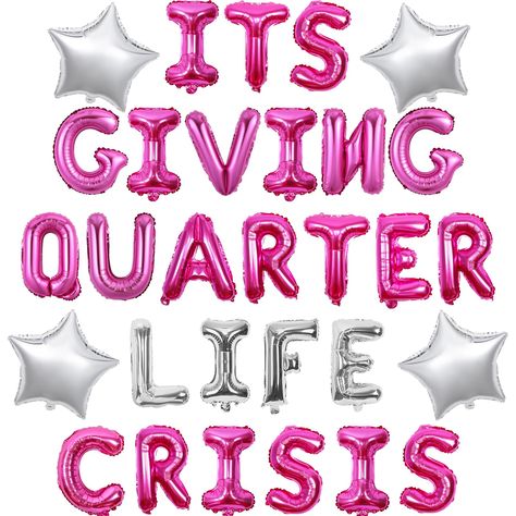 PRICES MAY VARY. 25th birthday decorations for girl:You will get 1*16 inch rose red it's giving quarter crisis foil balloon, 1*16 inch silver life foil balloon and 4*18 inch star foil balloons Quarter life crisis banner:Women in their late 25s and early 30s face a whole quarter of their life crisis birthdays. So it's a very monumental birthday. Rose pink and silver white balloons are very fashionable and can highlight the mature charm of a 25 year old woman, making you the center of attention at 25th Birthday Silver Theme, 25 Themed Birthday Party, 25th Birthday Ideas For Her Party Theme, 25th Birthday Themes For Her, 25th Birthday Party Themes, Quarter Life Crisis Party 25th Birthday, 25th Birthday Decor, 25th Birthday Party Ideas, 25th Birthday Themes