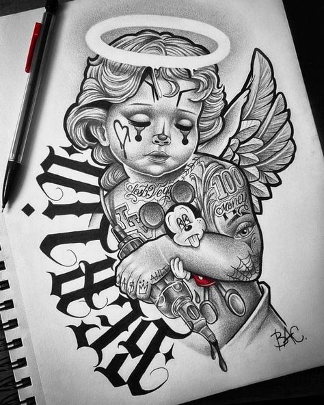 Choose 1 Tattoo, Chicano Style Tattoo Design, Chicano Angel Tattoo, Angel Face Tattoo, Chicano Tattoo Design Ideas, Tattoo Chicano Style, Chicano Tattoo Ideas, Chicano Tattoos Gangsters, Chicano Tattoo Design