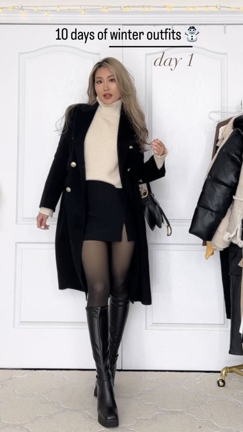 Winter Outfits Stockings Tights, Fleece Tights Outfit Winter, Boots And Short Skirts Outfits, Skirt Outfits With Stockings Black, Beige And Black Skirt Outfit, Winter Outfits With A Skirt, Thermal Stockings Outfit, Black Boots And Tights Outfit, Styling Tights Outfit