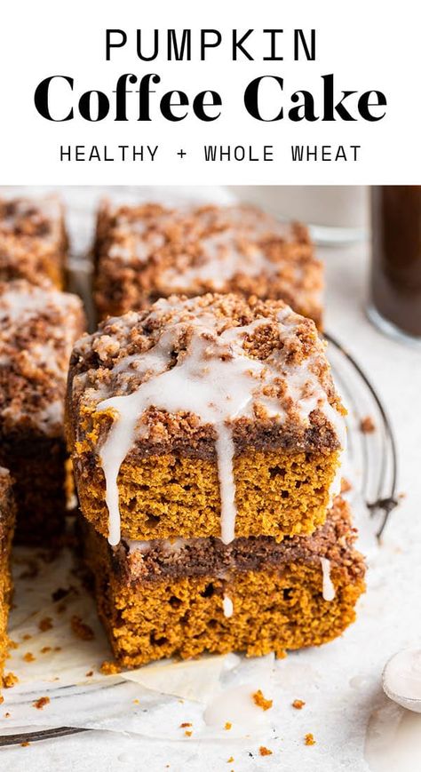 This pumpkin coffee cake with a cinnamon streusel topping is the ultimate fall dessert! It's moist, soft and made with healthier ingredients like Greek yogurt, whole wheat flour and coconut sugar. Healthy Pumpkin Coffee, Pumpkin Pecan Coffee Cake, Pumpkin Coffee Cake Recipes, Healthy Coffee Cake, Healthy Fall Desserts, Cinnamon Streusel Topping, Pumpkin Cobbler, Pumpkin Coffee Cake, Pumpkin Breakfast