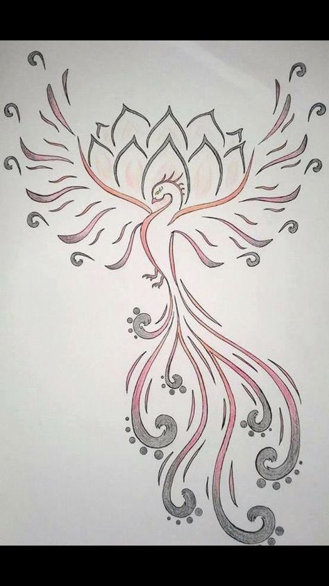 Phoenix Tattoo Design with Lotus Flower Phoenix Mandala Tattoo Design, Phoenix Chakra Tattoo, Lotus Flower With Dragon Tattoo, Lower Back Phoenix Tattoos For Women, Lotus Flower With Phoenix Tattoo, Lotus Tattoo Design For Women Back, Phoenix With Roses Tattoo, Water Pheonix Tattoo, Delicate Phoenix Tattoos For Women