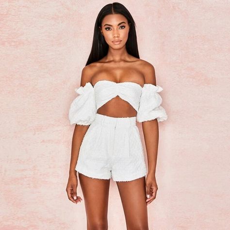 Hurry up and make your order today ! Two Pieces Set Women Off Shoulder Puff Sleeve Short Crop Top High Waist Wide Shorts Tracksuit Sexy Conjunto Femenino 2 Piece Make a Like and surely Follow our page get to know about new released costumes, beauty products, and jewelries etc.. #fashionstyle #womensfashion #womenclothing #womenswear Wide Shorts, Short Blanco, White Two Piece, Puff Sleeve Crop Top, Short Models, Crop Top And Shorts, Shoulder Crop Top, Puff Sleeve Top, White Casual