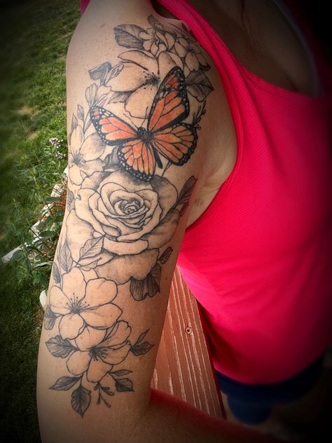 Butterfly , monarch, flowers, tattoo Floral Butterfly Tattoo Design Color, Neo Traditional Monarch Butterfly Tattoo, Monarch Butterfly Tattoo With Flowers, Aster Tattoo, Monarch Tattoo, Black And White Flower Tattoo, Monarch Butterfly Tattoo, Flower Shoulder Tattoo, Tattoo 2023