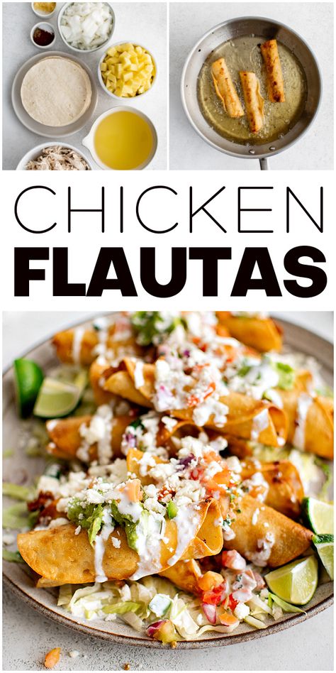 Shredded Chicken Flautas, Easy Chicken Flautas Recipe, How To Make Flautas, Ranchera Sauce, Flautas Ahogadas, Baked Flautas, Juicy Shredded Chicken, Flautas Recipe, Chicken Flautas