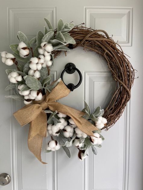 Cotton Boll Wreath, Cotton Bolls, Ball Wreath, Cotton Decor, Lambs Ear Wreath, Cotton Boll, Cotton Wreath, Wreath Burlap, Burlap Bow