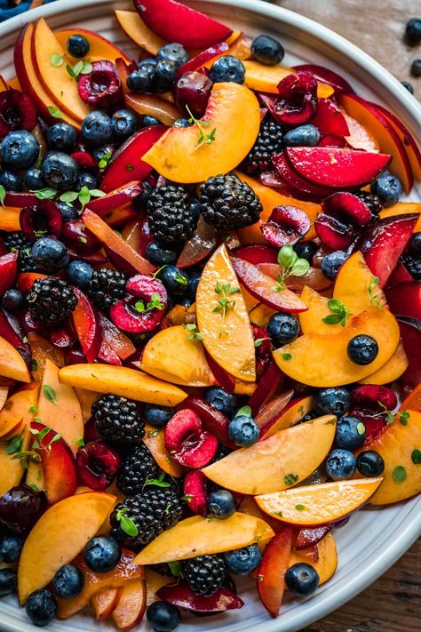 Peach Berry Fruit Salad, Berries Fruit Salad, Nurse Breakfast, Nectarine Fruit Salad, Cherry Fruit Salad, Peach Fruit Salad, Cherry Dishes, Nectarine Dessert, Fresh Fruit Salad Recipe