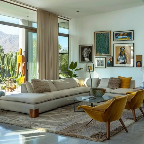 Palm Springs Style Interior Living Room, Palm Springs Lounge Room, Palm Springs Living Room Midcentury Modern, Palm Springs Architecture Interiors, Palm Springs Landscape Design, Palm Springs Modernism, Mid Century Modern Design Interiors, Mid Mod Boho Living Room, Palm Springs Living Room Decor