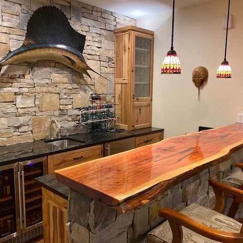 Live Edge Free Standing Bar, Finished Basement With Bar, Live Edge Countertop, Live Edge Bar Top, Mancave Bar, Live Edge Bar, Bar In Casa, Basement Bar Designs, Kursi Bar