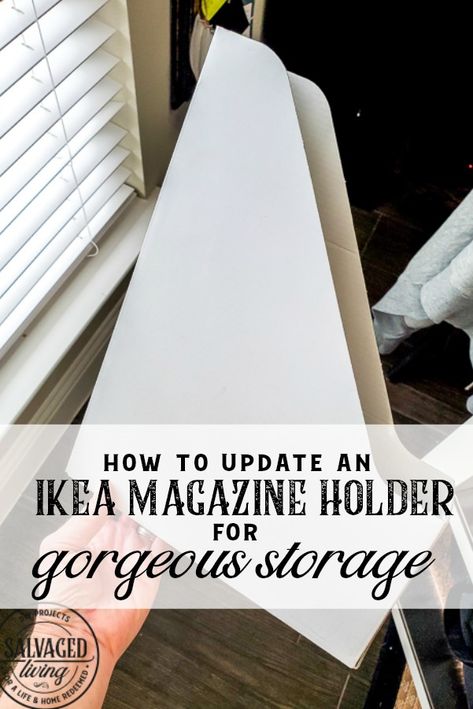 This IKEA hack will show you how to update an IKEA magazine holder into gorgeous storage for your home or office on a tight budget. Pretty organization quick and easy! #ikeahack #kiea #organzation #budgetdecor #budgetorganization #officedecor #homestorage #decoupageideas Ikea Magazine Holder Hack, Ikea Magazine Holder, Magazine Holders Diy Upcycle, Magazine Holders Repurpose, Magazine Holder Ideas, Ikea Napkins, Pretty Organization, Pretty Organization Ideas, Magazine Storage Boxes